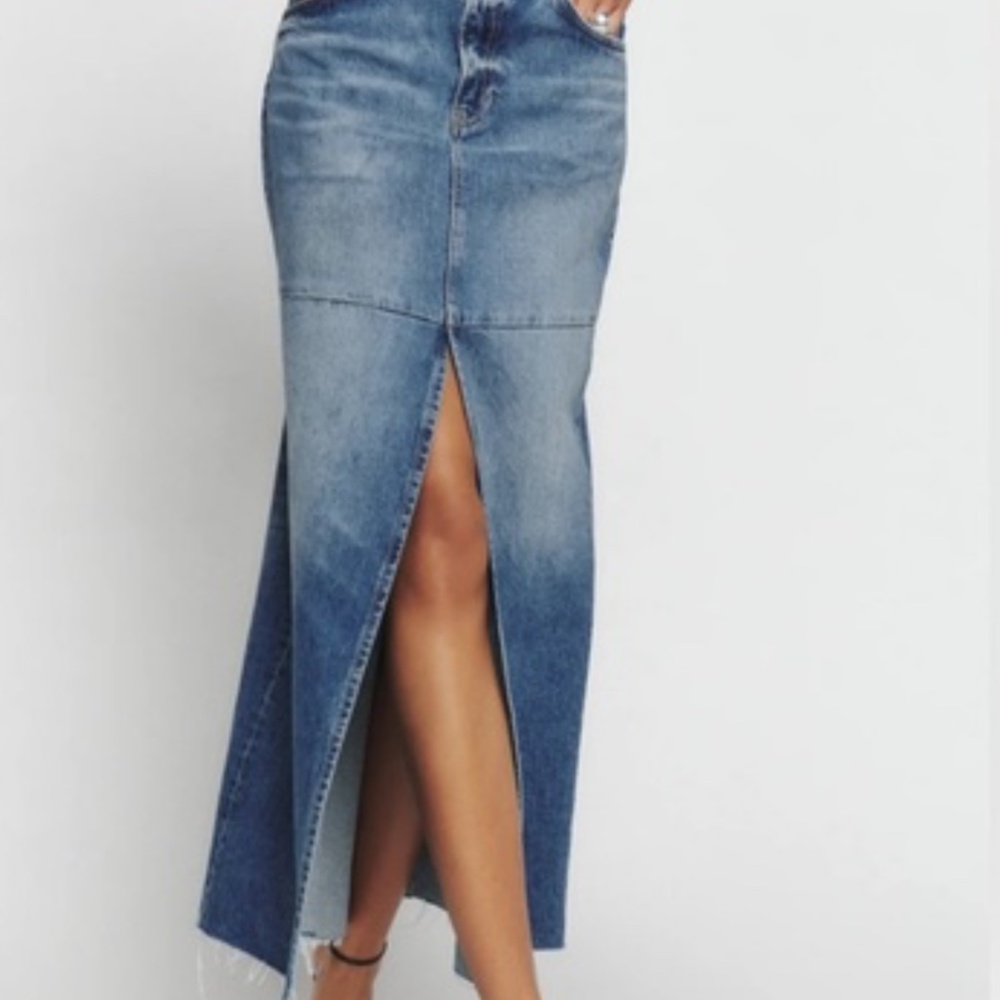 Reformation Tazz Long Jean Skirt with Slit and frayed hem - Size 24